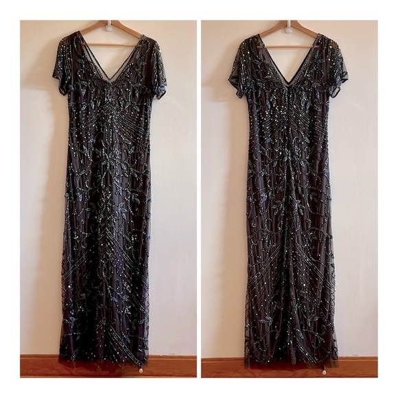 Pisarro Nights Beaded Mesh Column Gown in Slate Gray - Size 10 - Picture 2 of 16